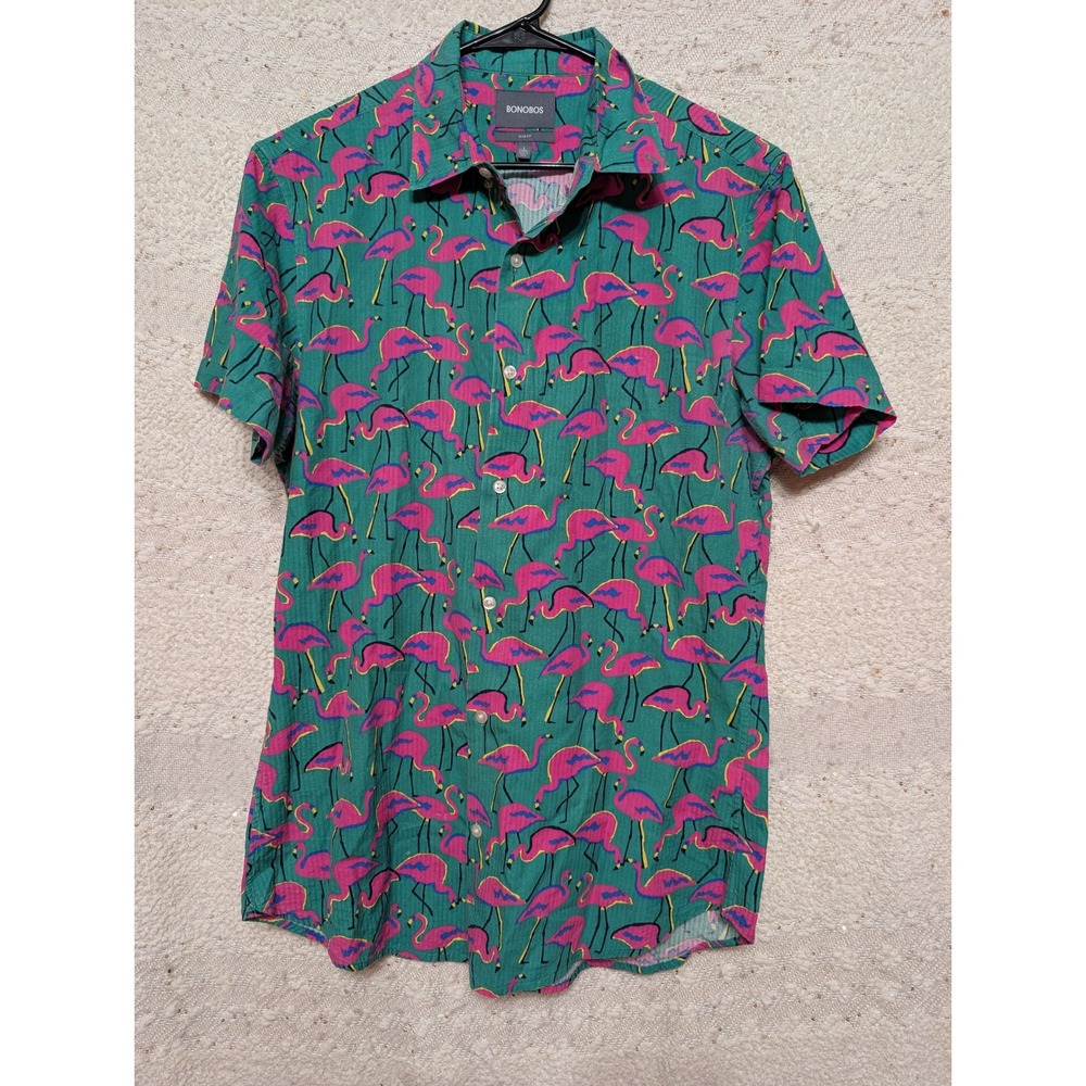 Bonobos Men's Flamingo Print Button Down Short Sleeve Slim Fit Shirt L Cotton